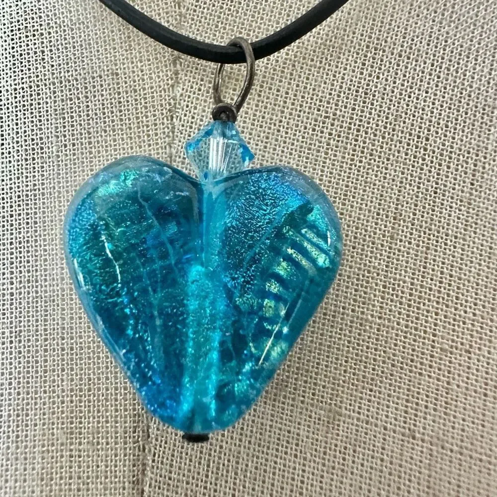 Blue glass heart pendant necklace sterling silver clasp on cord
